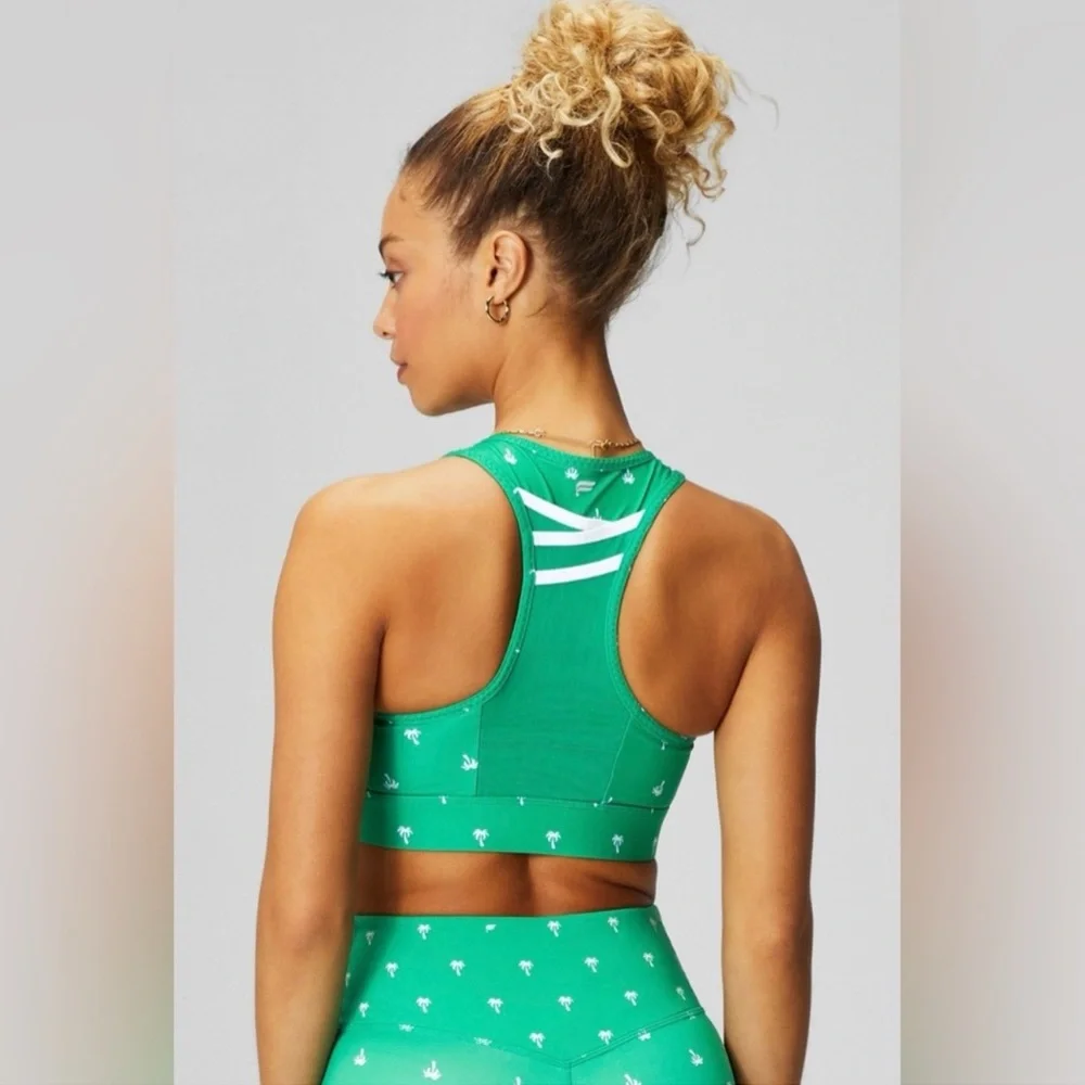 Fabletics Green Palm Print Sports Bra & Biker Short Set Sz M | NWOT - Picture 2 of 14